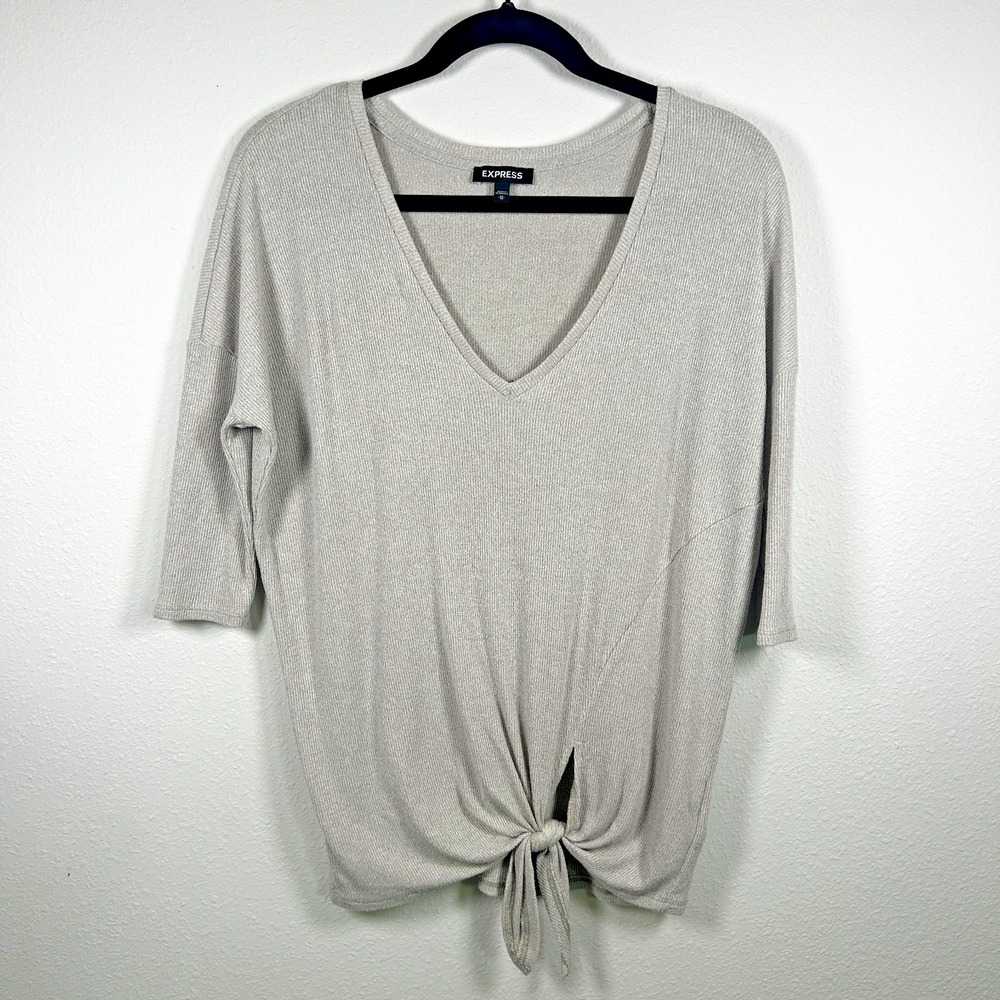 Express Silver Metallic Sparkle‎ Ribbed Mid Sleeve Ruched Top Sz M Holiday Party